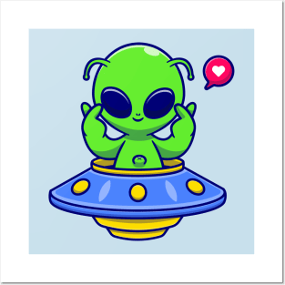 Cute Alien Riding UFO With Love Sign Cartoon Posters and Art